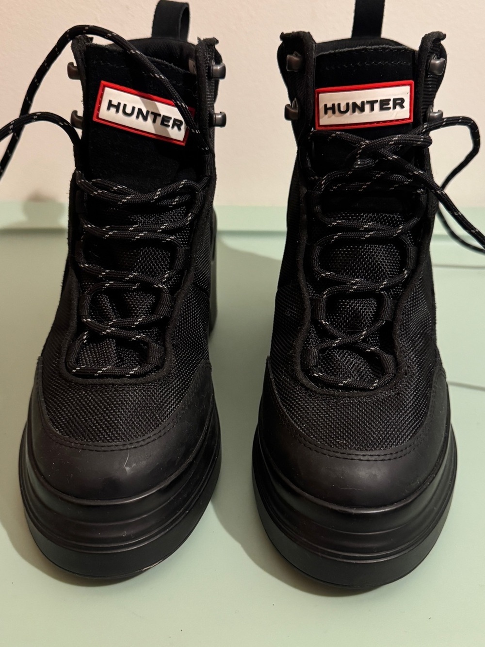 Hunter Women's Black Lace-Up Platform Boots with Logo Patch